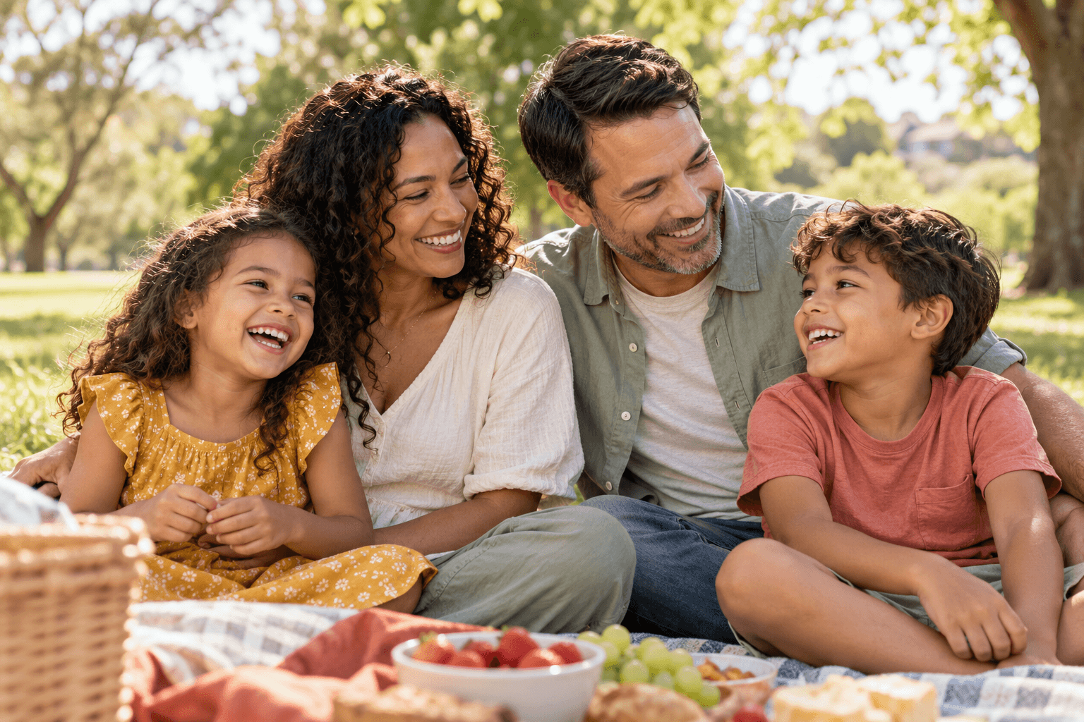 Smiling parents and children enjoying a picnic together