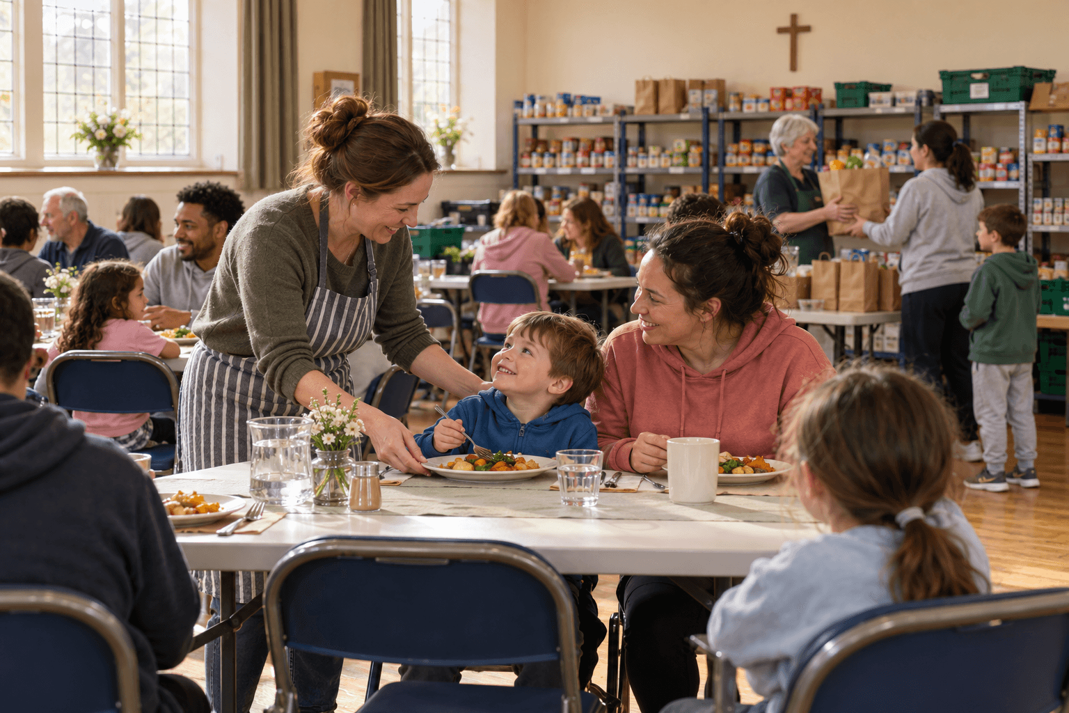 A volunteer helping a family at a church-hall meal, with a food bank behind them
