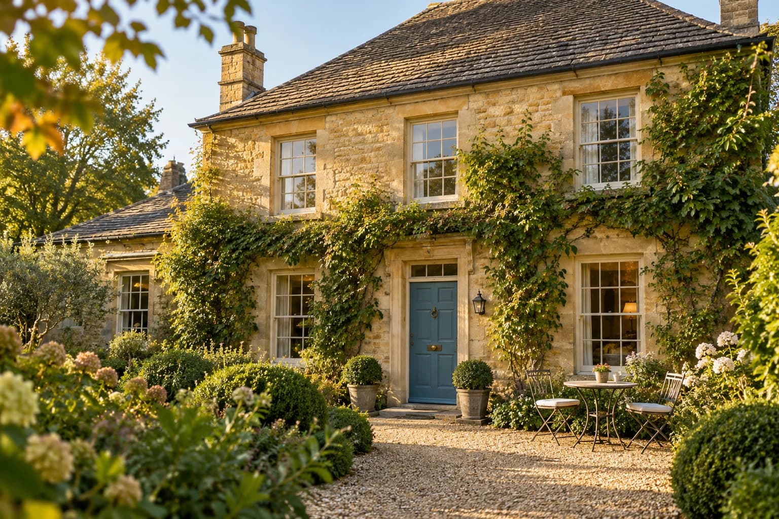 An illustrative country hotel with a garden and blue front door