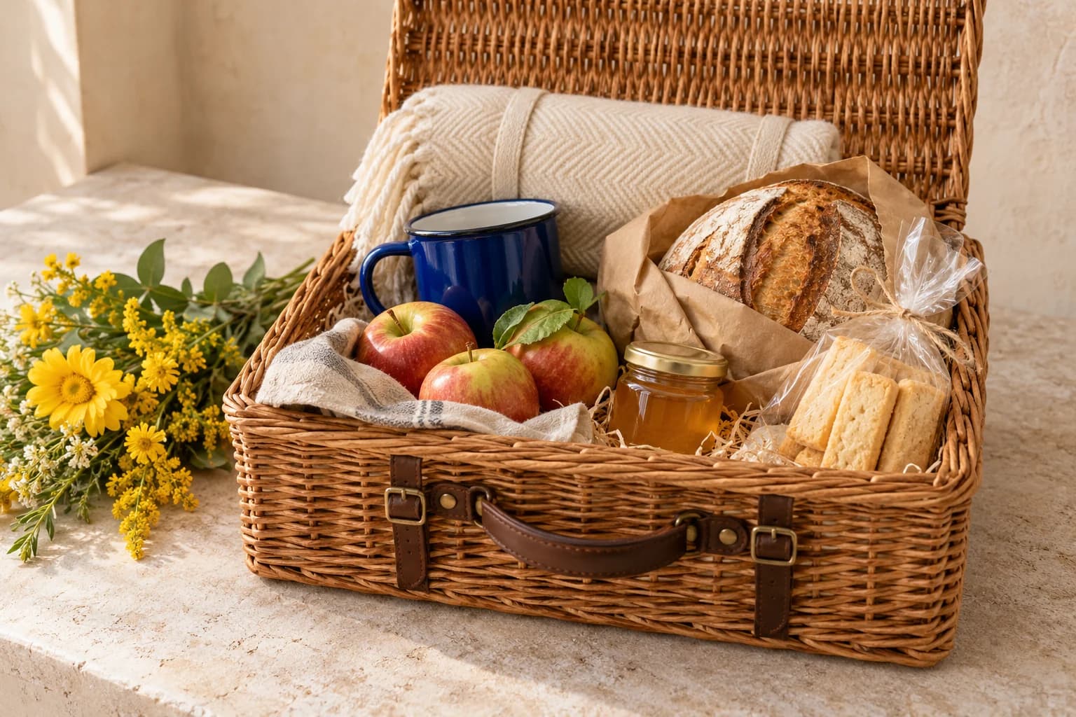 An illustrative wicker hamper with bread, fruit and a blue mug