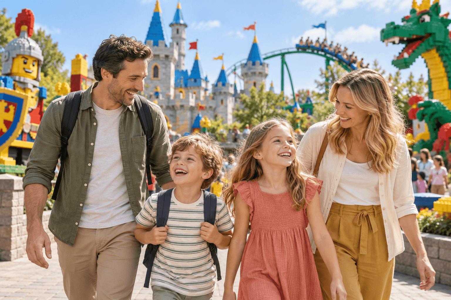 An illustrative family day out at a colourful theme park