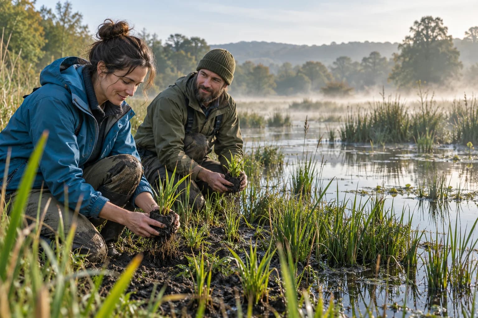 Illustrative volunteers planting beside a reed-lined wetland