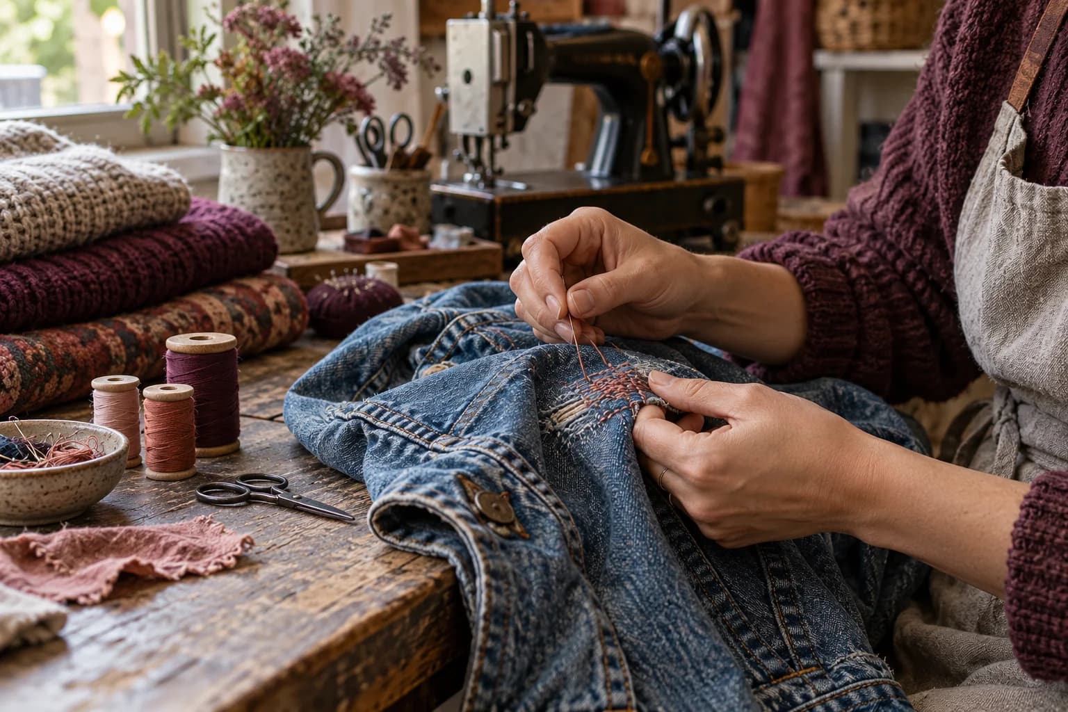 Illustrative craftsperson mending a denim jacket with pink thread