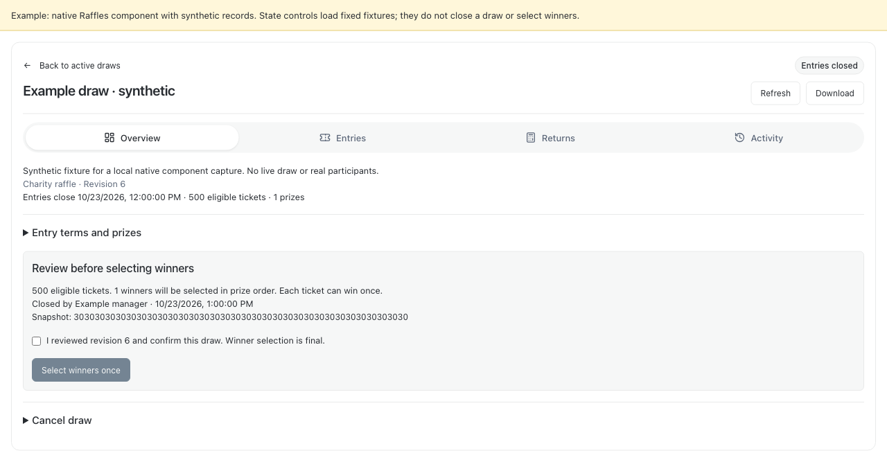 Native raffle overview showing synthetic revision 6, its digest, manager confirmation and the Select winners once control.